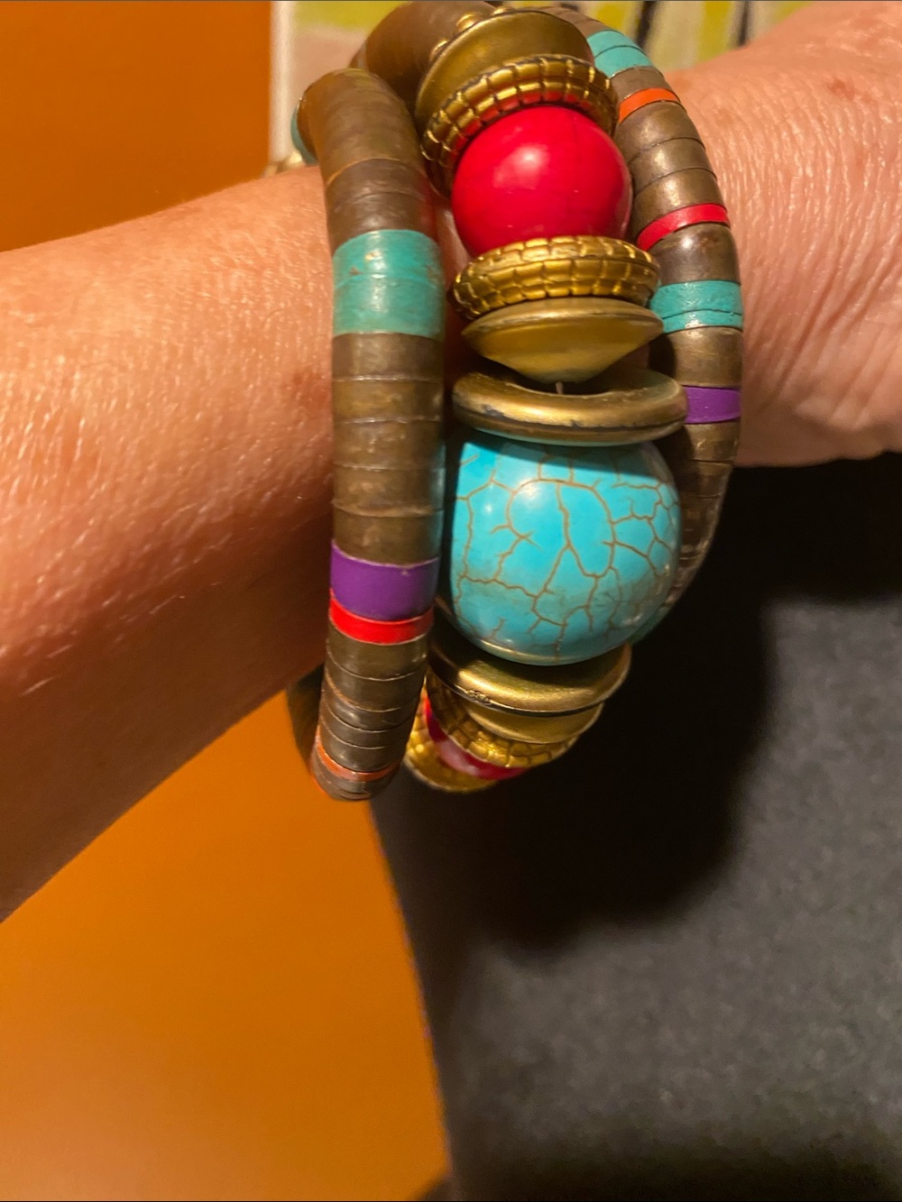 Bohemian Turquoise & Red Beaded Coil Bracelet with Gold Accents